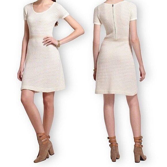 Anthropologie Sparrow Cream Gold Gilt Grid Sweater Dress Size Small - Picture 2 of 11